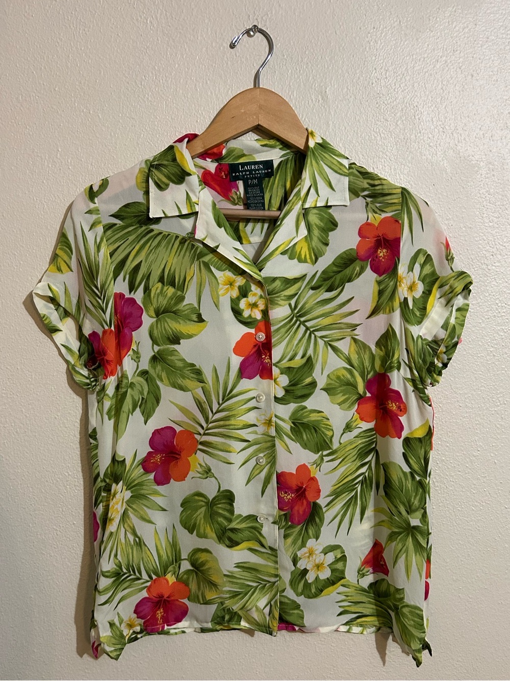 Lauren Ralph Lauren Silk White Tropical Floral Button-Up Top Size Petite Medium
